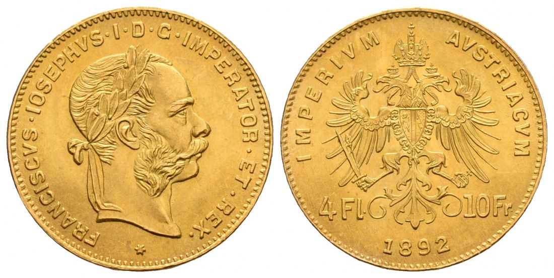 PEUS 5224 Österreich 2,9 g Feingold. Franz Joseph I. (1848 - 1916) 4 Gulden (NP) GOLD 1892 Stempelglanz