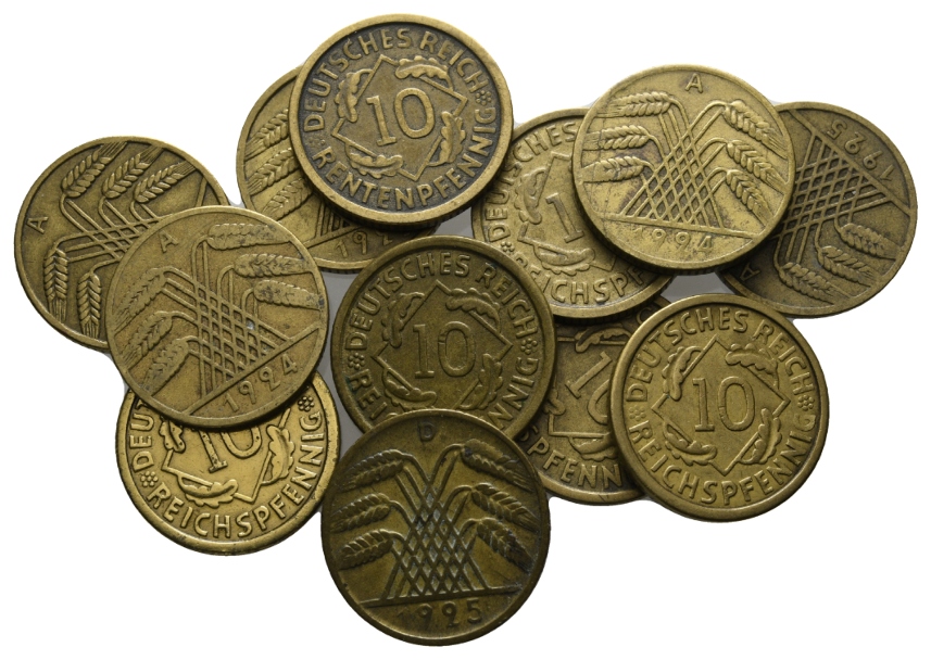  Deutsches Reich; Weimarer Republik, 12 Kleinmünzen, 10 Pfennige 1924-1929   