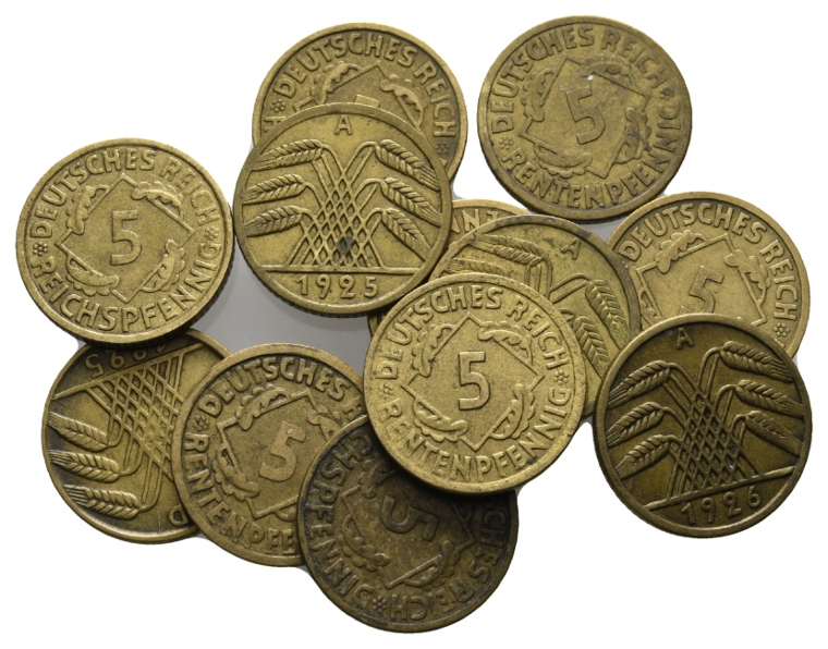  Deutsches Reich; Weimarer Republik, 12 Kleinmünzen, 5 Pfennige 1924-1936   