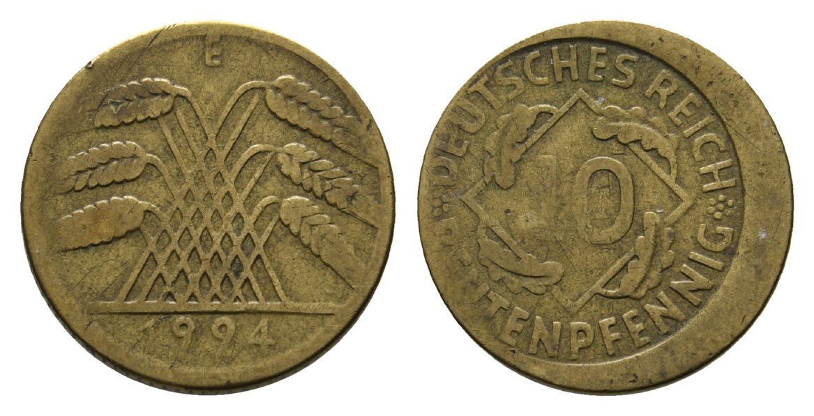  Deutsches Reich; Weimarer Republik, 10 Pfennige 1924, Rückseite dezentriert   