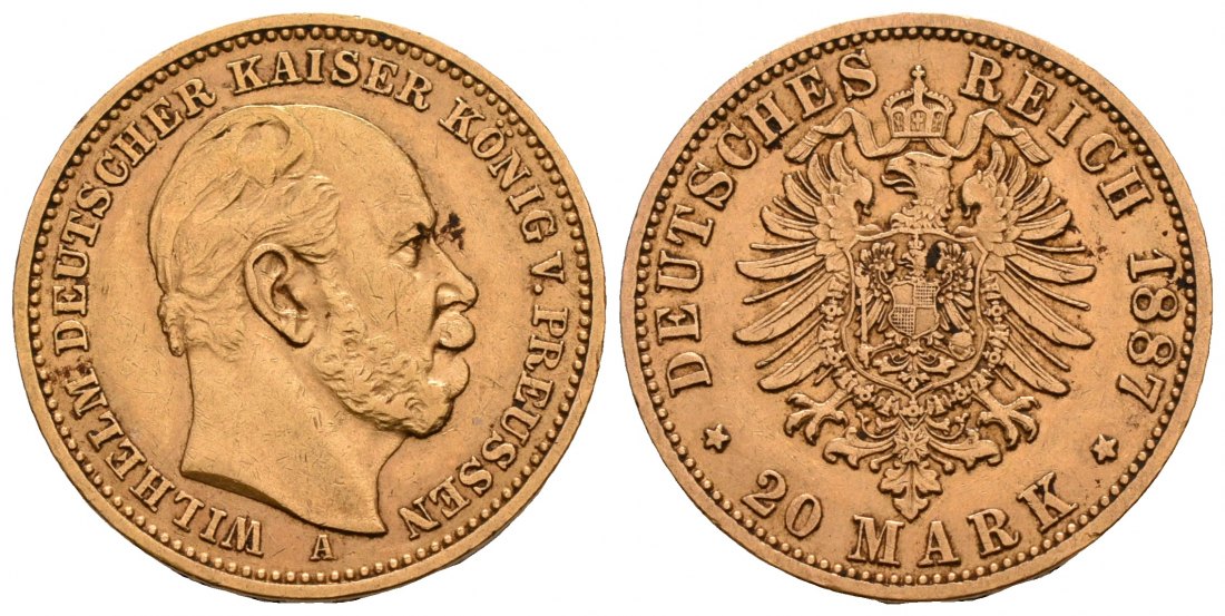 PEUS 5239 Kaiserreich - Preußen 7,16 g Feingold. Wilhelm I. (1861 - 1888) 20 Mark GOLD 1887 A Berlin Sehr schön