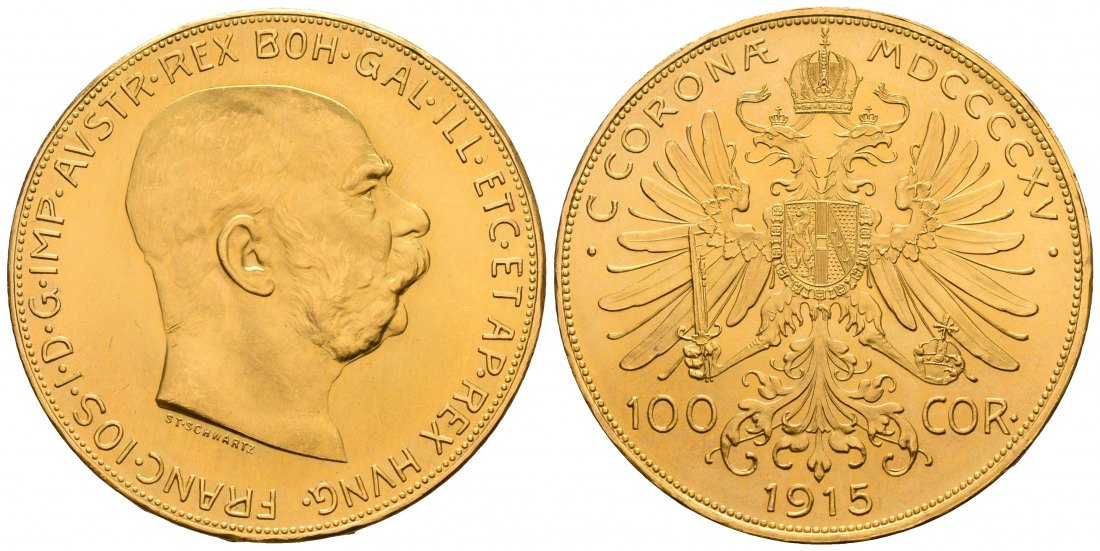 PEUS 5247 Österreich 30,49 g Feingold. Franz Joseph (1848-1916) 100 Kronen (off.NP) GOLD 1915 Stempelglanz