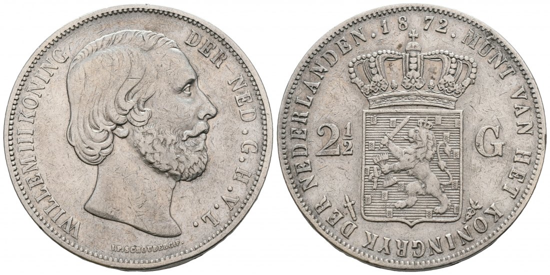 PEUS 5250 Niederlande 23,62 g Feinsilber. König Willem III. (1849 - 1890) 2 1/2 Gulden 1872 Kl. Kratzer, Sehr schön