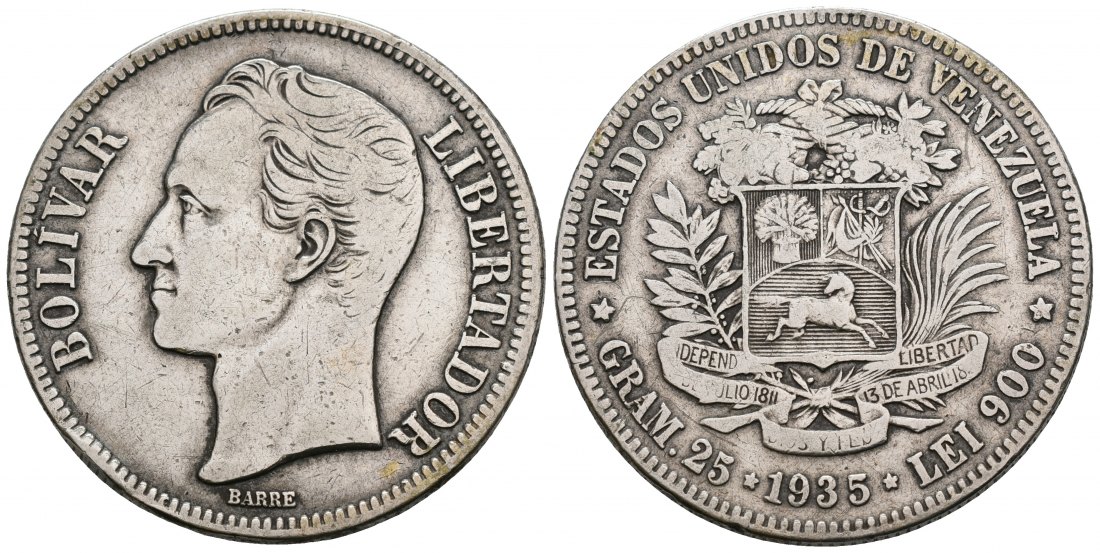 PEUS 5253 Venezuela 22,5 g Feinsilber. Simón Bolívar 5 Bolivares SILBER 1935 Sehr schön
