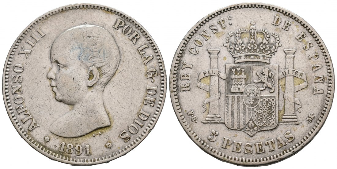 PEUS 5114 Spanien 22,5 g Feinsilber. Alfonso XIII. (1886 - 1931) 5 Pesetas 1891 (1891) PG-M Fast Sehr schön
