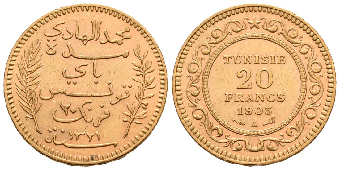 PEUS 5263 Tunesien 5,81 g Feingold 20 Francs GOLD 1903 A Sehr schön