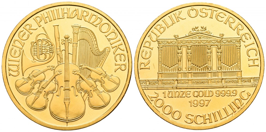 PEUS 5264 Österreich 31,1 g Feingold. Wiener Philharmoniker 2000 Schilling GOLD Unze 1997 Kl. Kratzer, fast Stempelglanz