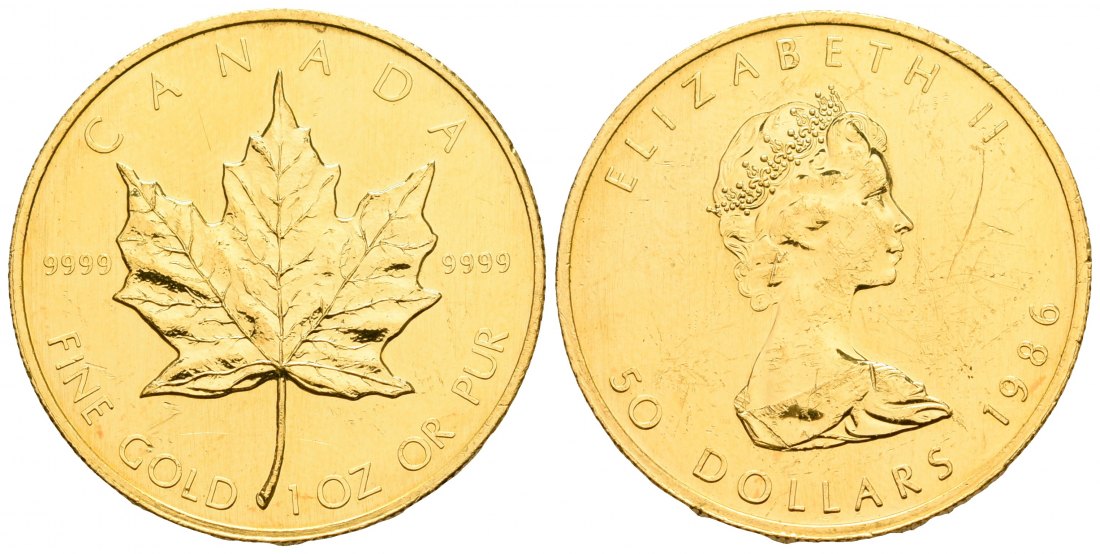 PEUS 5265 Kanada 31,1 g Feingold. Maple Leaf 50 Dollars GOLD Unze 1986 Kl. Kratzer, fast Vorzüglich