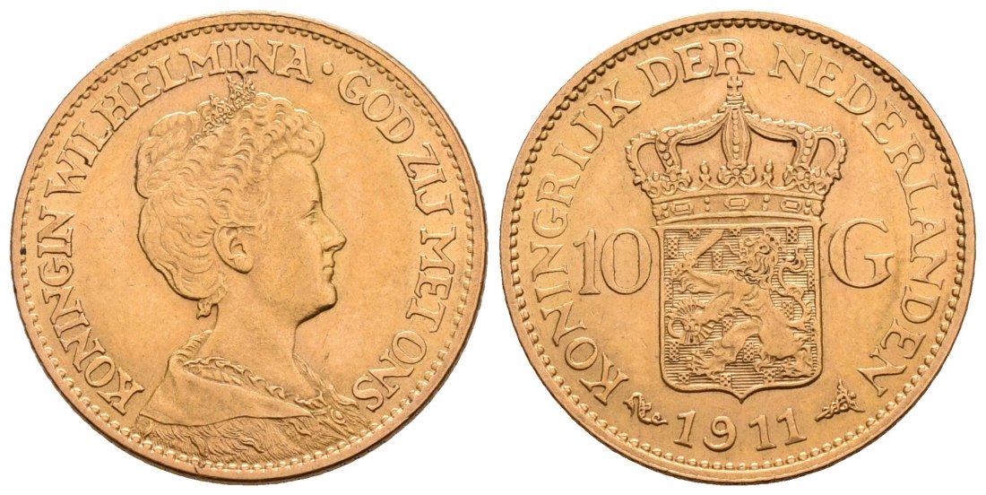 PEUS 5227 Niederlande 6,06 g Feingold. Wilhelmina (1890 - 1948) 10 Gulden GOLD 1911 Kl. Kratzer, fast Vorzüglich