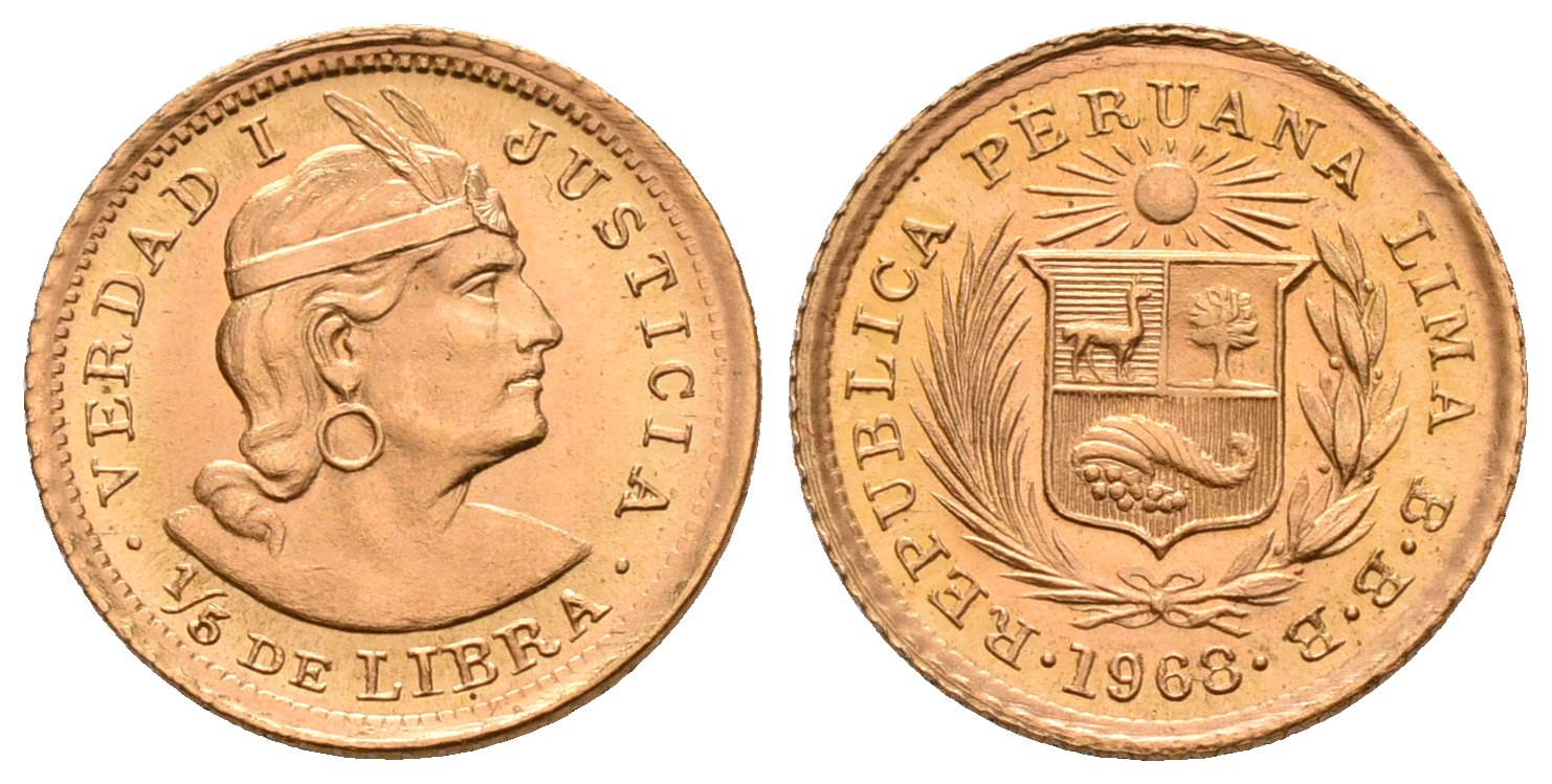 PEUS 5228 Peru 1,47 g Feingold. 1/5 Libra (Pound) GOLD 1968 BBB Stempelglanz