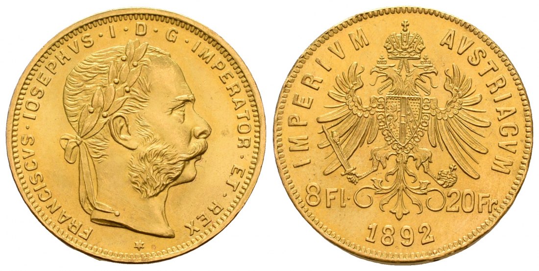 PEUS 5231 Österreich 5,81 g Feingold. Franz Joseph I. (1848 - 1916) 8 Gulden (NP) GOLD 1892 Fast Stempelglanz