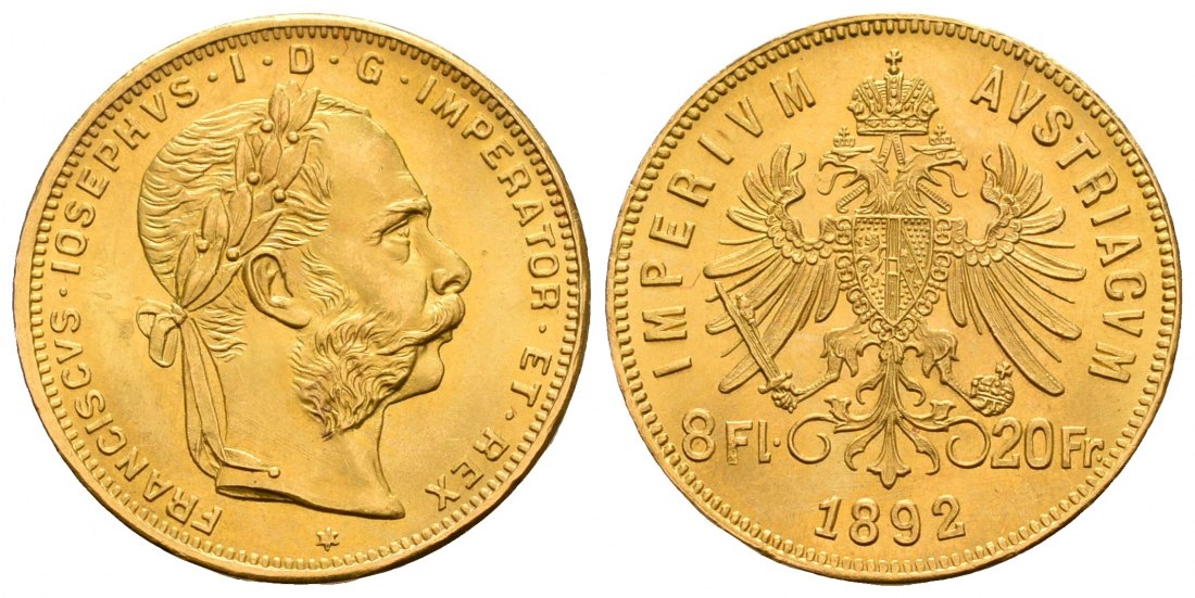 PEUS 5232 Österreich 5,81 g Feingold. Franz Joseph I. (1848 - 1916) 8 Gulden (NP) GOLD 1892 Stempelglanz