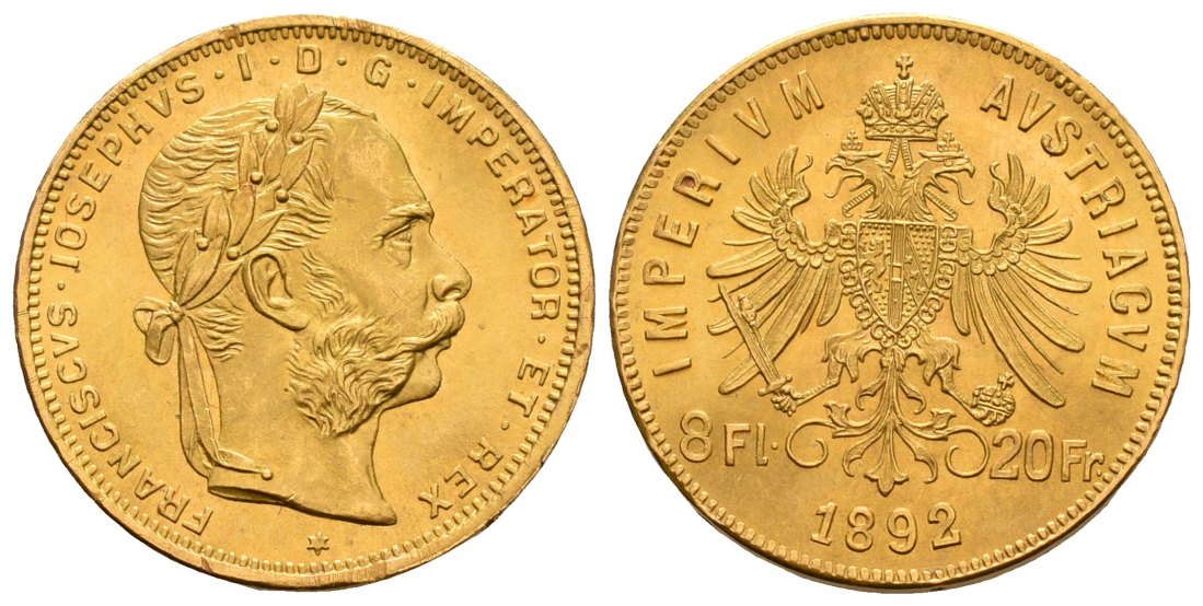 PEUS 5233 Österreich 5,81 g Feingold. Franz Joseph I. (1848 - 1916) 8 Gulden (NP) GOLD 1892 Stempelglanz