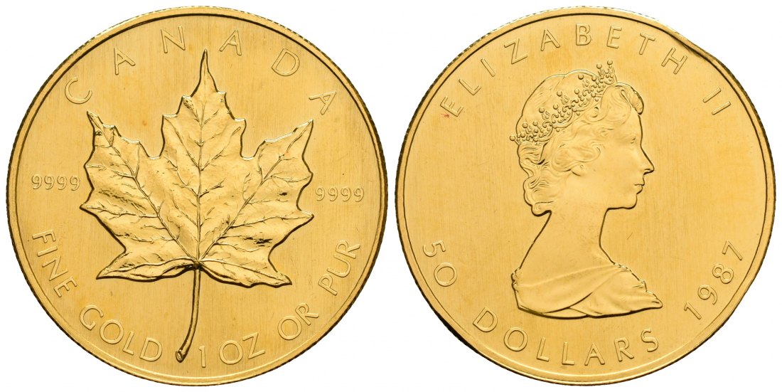 PEUS 5238 Kanada 31,1 g Feingold. Maple Leaf 50 Dollars GOLD Unze 1987 Randfehler, Vorzüglich +