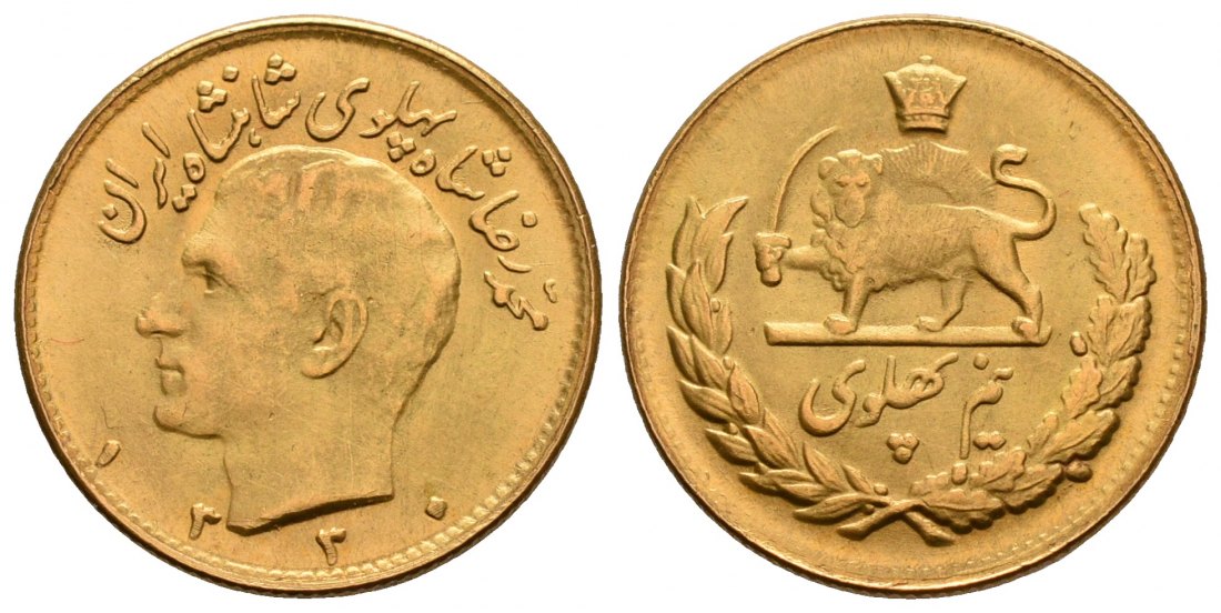 PEUS 5241 Iran 3,66 g Feingold. Muhammad Reza Shah 1/2 Pahlavi GOLD SH1330 (1951) Vorzüglich