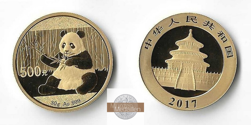 China  500 Yuan MM-Frankfurt Feingold: 30g Panda 2017 