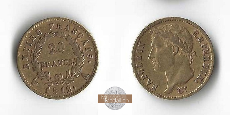 Frankreich  20 Francs MM-Frankfurt   Feingold: 5,81g Napoleon I 1812 A 