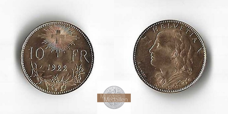 Schweiz  10 sFR MM-Frankfurt Feingold: 2,90g 1/2 Vreneli 1922 B 