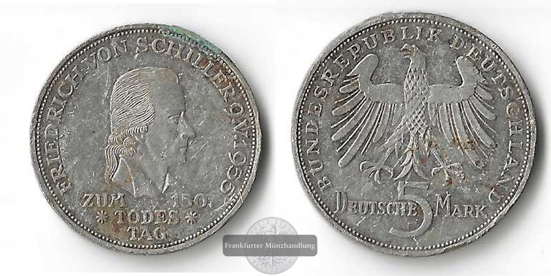  BRD  5 DM  1955 F    Zum 150. Todestag von Friedrich von Schiller    FM-Frankfurt  Feinsilber: 7g   