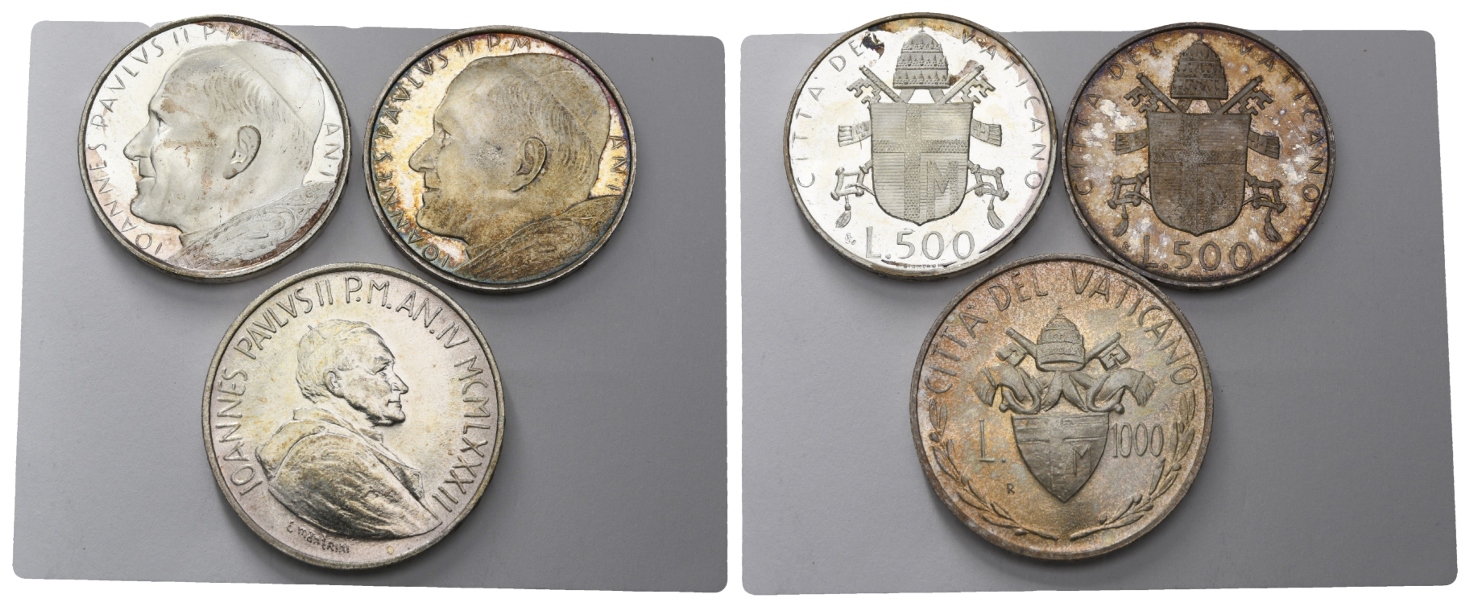  Vatikan; Zwei Stücke á 500 Lire, ein Stück 1000 Lire  JOANNES PAVLVS II 1982   