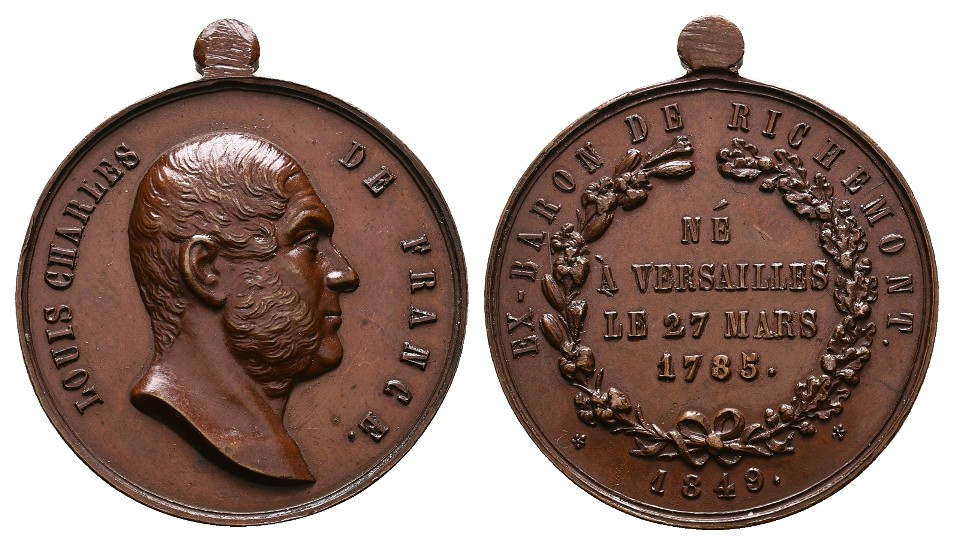  Linnartz Frankreich tragbare Bronzemedaille 1849 Louis Charles de France vz-stgl Gewicht: 16,4g   
