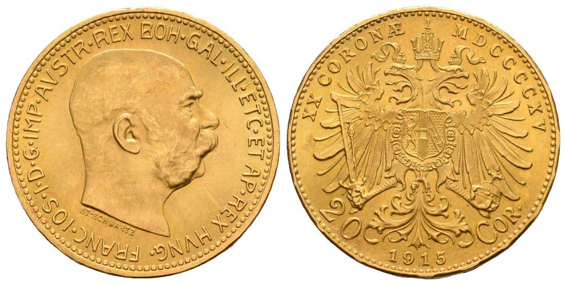 PEUS 5243 Österreich 6,1 g Feingold. Franz Joseph I. (1848 - 1916) 20 Kronen (off.NP) GOLD 1915 Stempelglanz