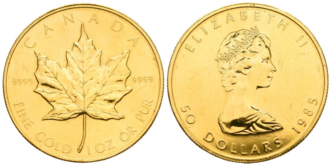 PEUS 5266 Kanada 31,1 g Feingold. Maple Leaf 50 Dollars GOLD Unze 1985 Kl. Kratzer, fast Vorzüglich