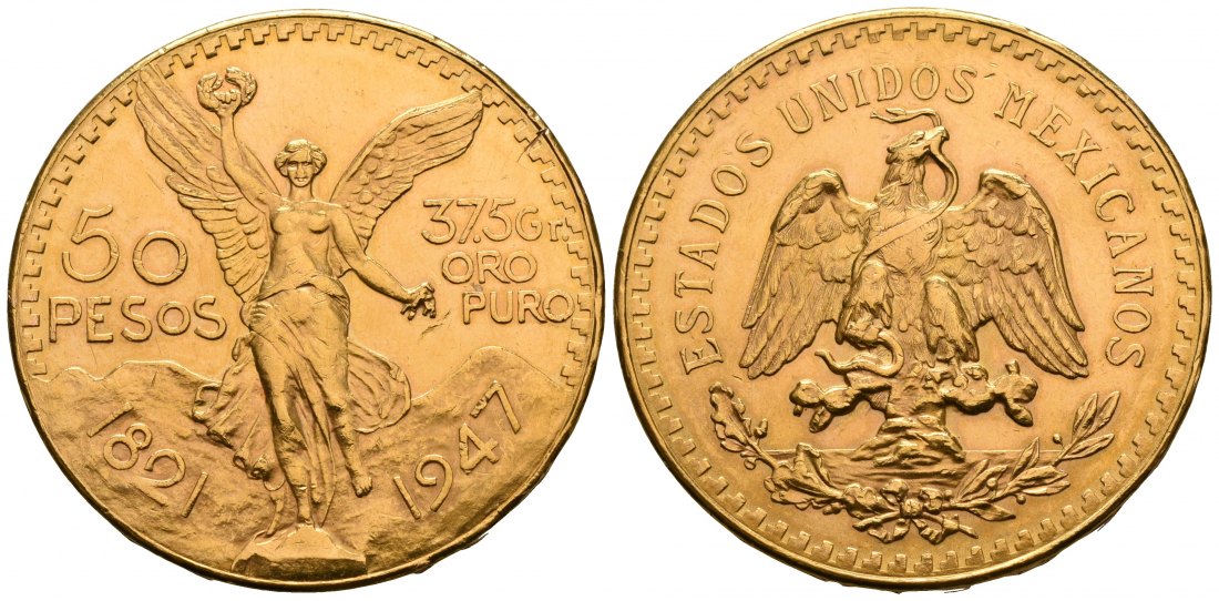 PEUS 5269 Mexiko 37,5 g Feingold. 50 Pesos GOLD 1947 Kl. Kratzer, Vorzüglich