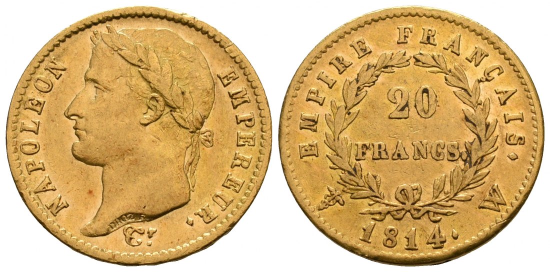 PEUS 5270 Frankreich 5,81 g Feingold. Napoleon I. (1804 - 1814) 20 Francs GOLD 1814 W Lille Sehr schön