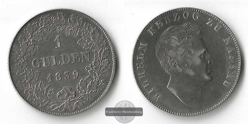  Herzogtum Nassau,  1 Gulden 1839 Wilhelm I.  FM-Frankfurt Feinsilber: 9,44g   