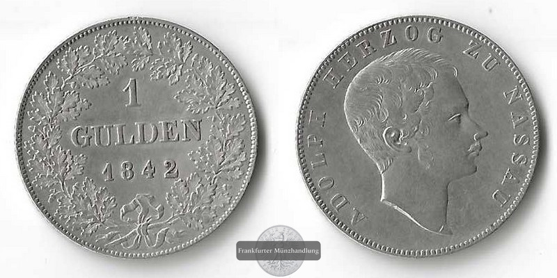  Herzogtum Nassau,  1 Gulden 1842 FM-Frankfurt Feinsilber: 9,44g   
