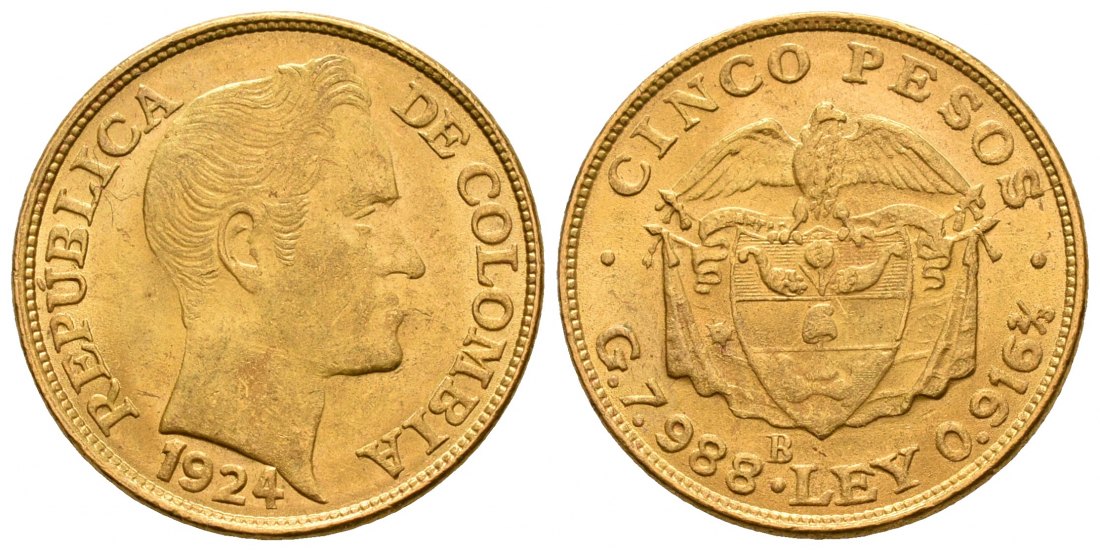 PEUS 5276 Kolumbien 7,32 g Feingold. Simon Bolivar 5 Pesos GOLD 1924 B Sehr schön