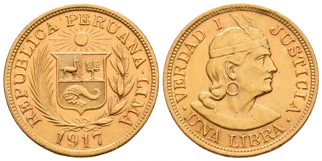 PEUS 5277 Peru 7,32 g Feingold. 1 Libra (Pound) GOLD 1917 Sehr schön +