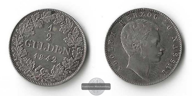  Nassau,  1/2 Gulden  1842	Adolph  FM-Frankfurt   Feinsilber: 4,77g   
