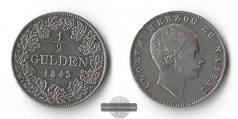  Nassau,  1/2 Gulden  1843	Adolph  FM-Frankfurt   Feinsilber: 4,77g   