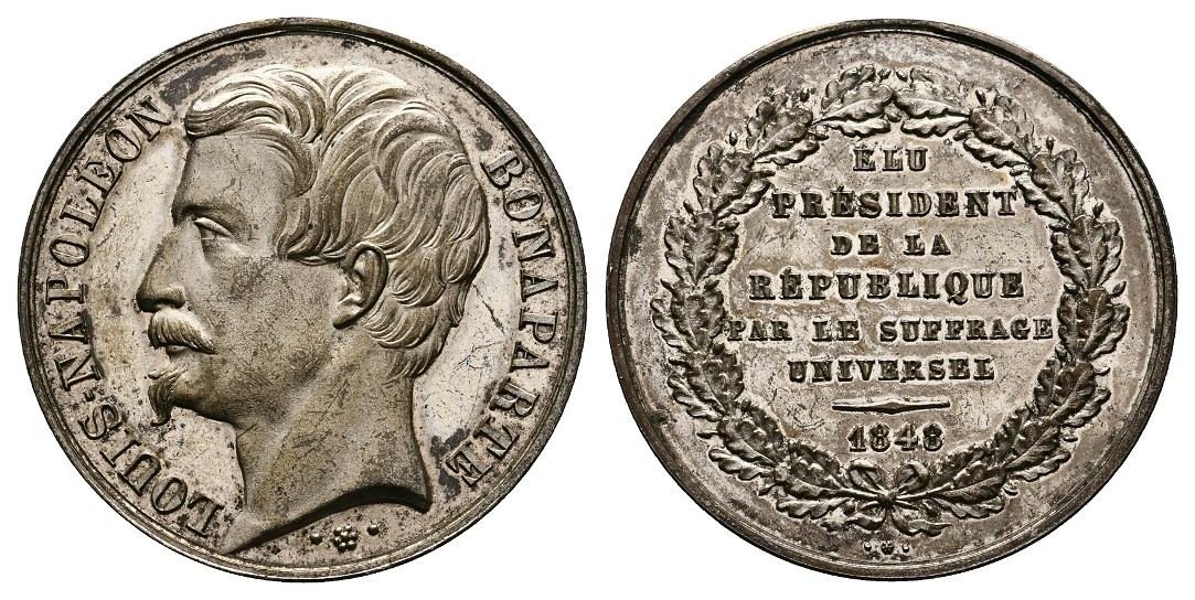  Linnartz Frankreich Revolution versilberte Bronzemedaille 1848 Napoleon Bonarparte vz Gewicht: 16,3g   