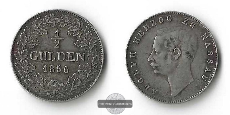  Nassau,  1/2 Gulden  1856	Adolph  FM-Frankfurt   Feinsilber: 4,77g   