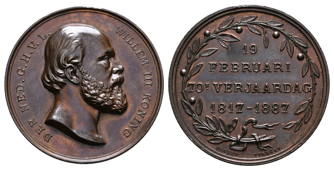  Linnartz Niederlande Wilhelm III. Bronzemedaille 1887(Begeer) a.s. 70. Geburtstag vz+ Gewicht: 31,6g   