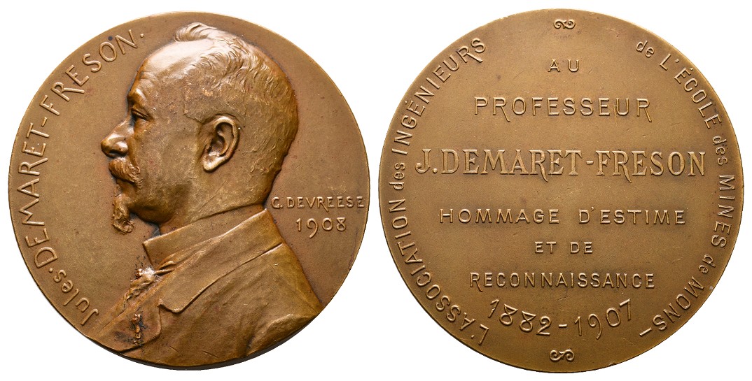  Linnartz Bergbau Belgien Bronzemedaille 1908 (Devreese) Jules Demaret-Freson vz-stgl Gewicht: 85,7g   