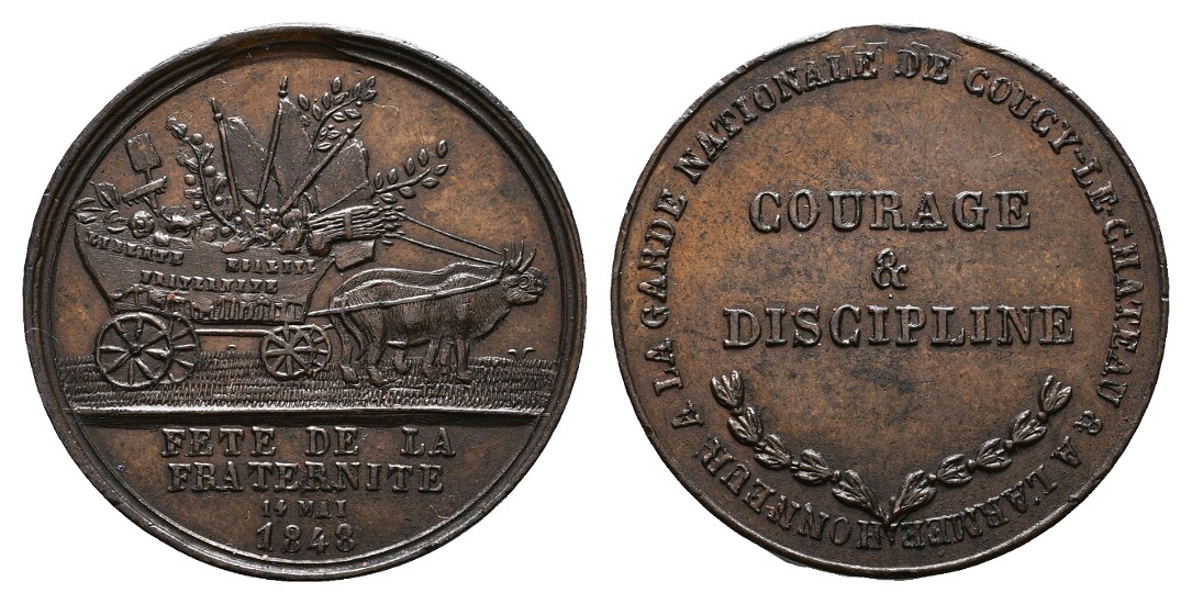  Linnartz Frankreich kleine Bronzemedaille 1848 a.d. Feier der Brüderschaft Hksp vz Gewicht: 7,3g   