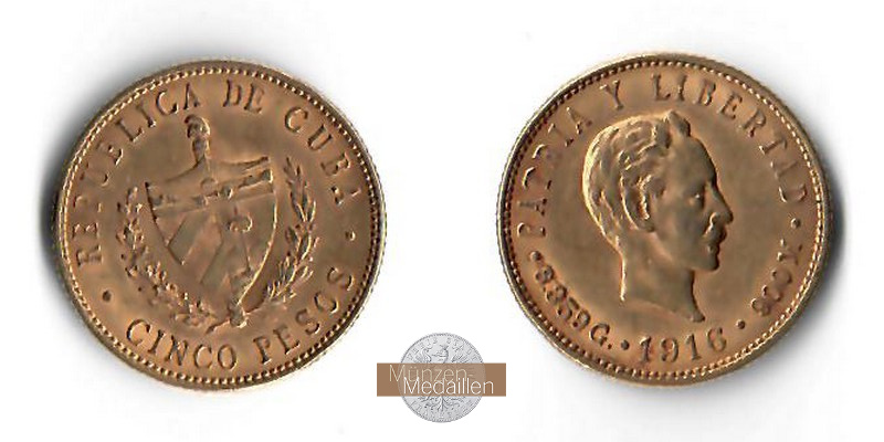 Kuba MM-Frankfurt  Feingold: 7,52g 5 Pesos 1916 