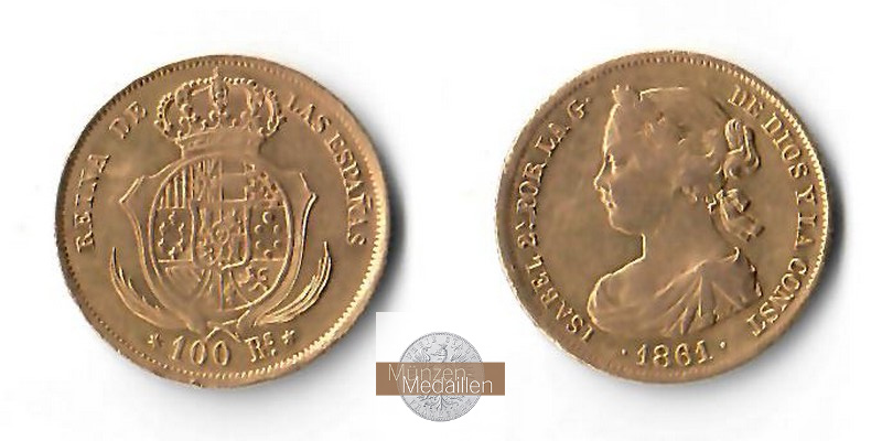 Spanien MM-Frankfurt Feingold: 7,50g 100 Reales 1861 