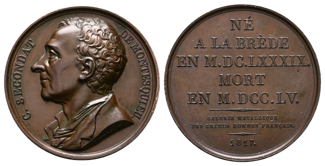  Linnartz Frankreich Bronzemedaille 1817 (Caunois) Charles de Secondat vz+ Gewicht: 39,4g   