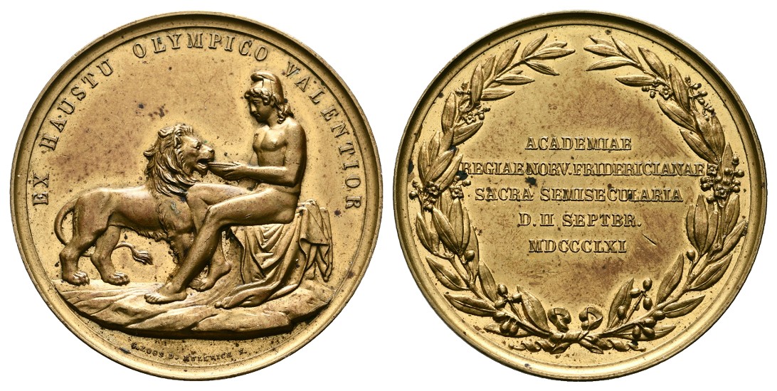  Linnartz Norwegen vergoldete Bronzemedaille 1861 (Kullrich) Friedrich Akademie vz+ Gewicht: 27,2g   