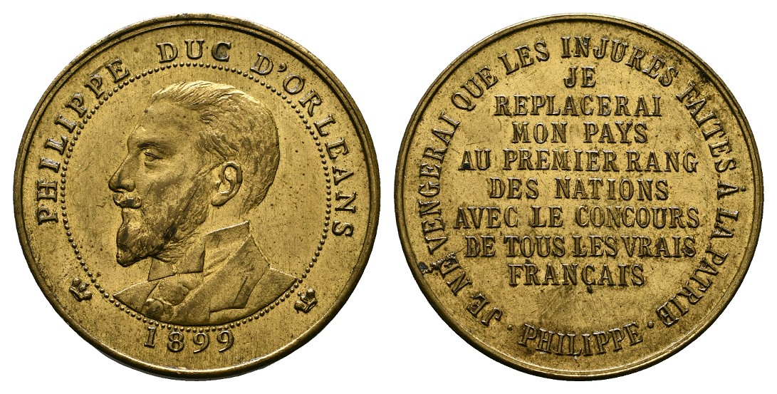  Linnartz Frankreich vergoldete Bronzemedaille 1899 a.d. Herzog von Orleans vz Gewicht: 7,5g   