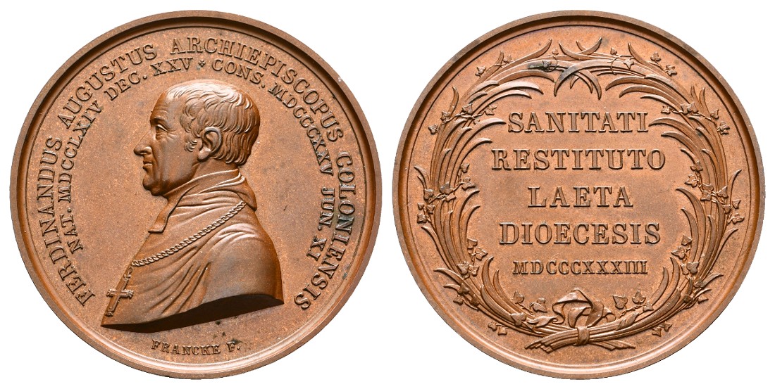  Linnartz Köln Bronzemedaille 1833 (Francke) a.d. Genesung des Erzbischofs vz-stgl Gewicht: 38,5g   