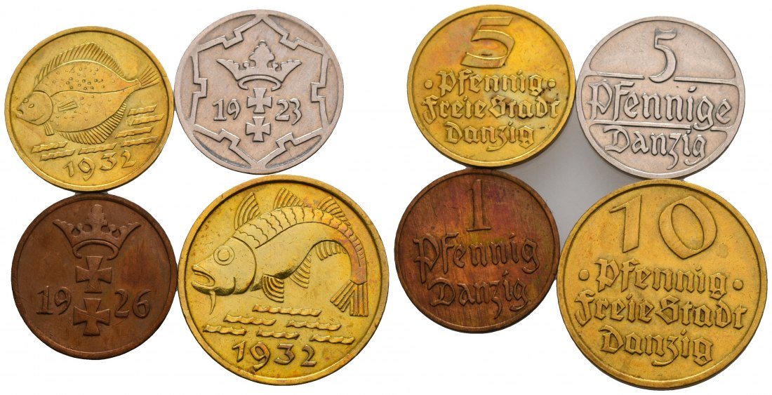 PEUS 5272 Danzig Dorsch (nordd. Pomuchel) Pfennig Lot (4 Münzen) 1923 + 1932 Meist sehr schön