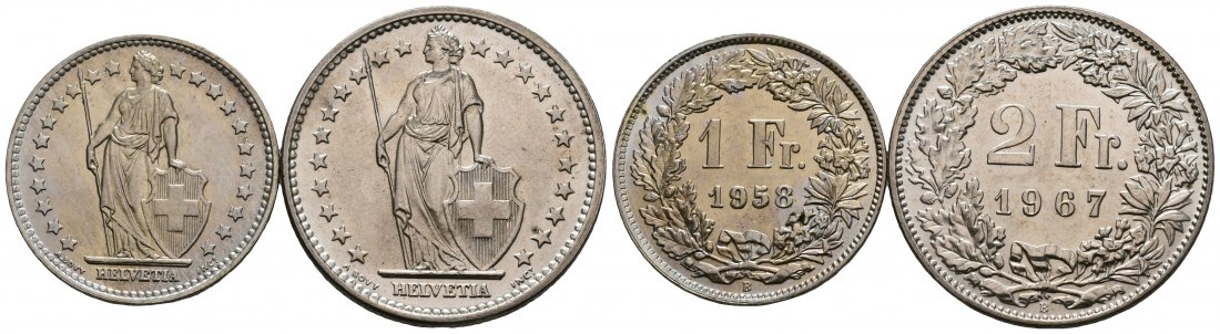 PEUS 5273 Schweiz Insg. 12,61 g Feinsilber 1 + 2 Franken (2 Münzen) 1958 + 1967 B Fast Stempelglanz
