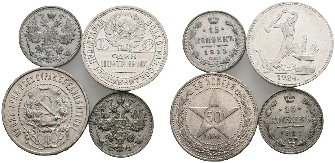 PEUS 5280 Russland  15 + 50 Kopeken (4 Münzen) 1911 - 1924 Meist Sehr schön - Vorzüglich