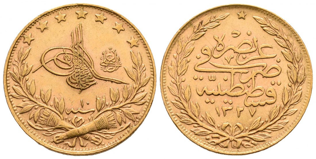 PEUS 5281 Türkei 6,61 g Feingold. Sultan Mohammed V. 100 Piaster GOLD 1327/4=22.12.191 Sehr schön